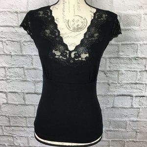 Casual Corner Black Top with Lace Trim Size M